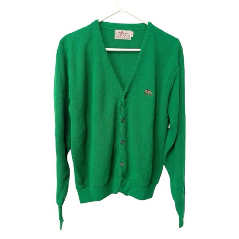 Steeplechase L Green Cardigan Button Front Equestrian Knit Preppy Grandmacore
